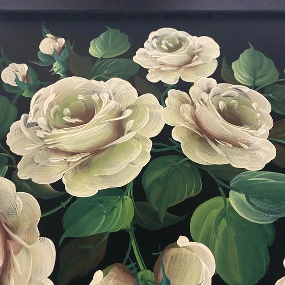 Vintage Octagonal Black Metal Toleware Tray with Exquisite Cream Roses &Leaves - Picture 2 of 8
